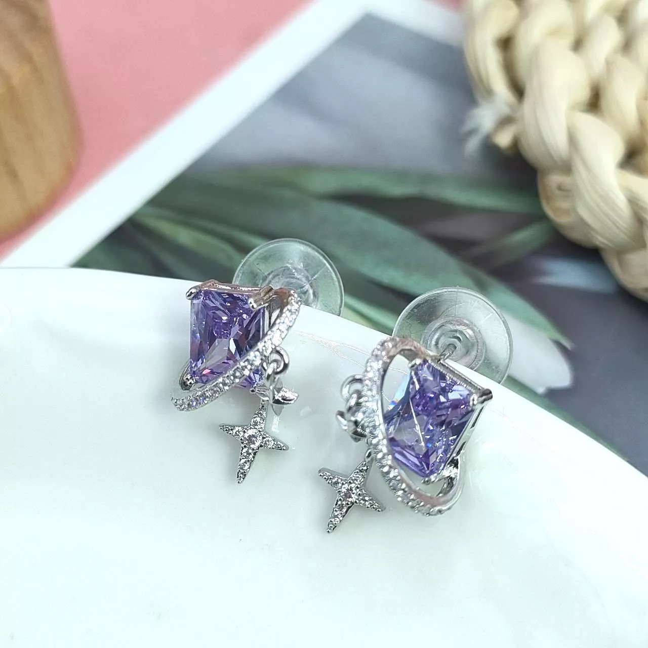 耳環-燦爛銀河 優雅鋯石十字星耳釘2色可選