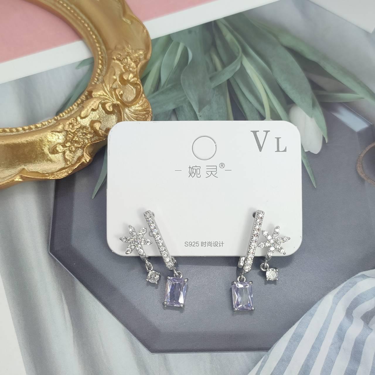 【超值耳環】氣質紫色方鋯閃亮小花耳環