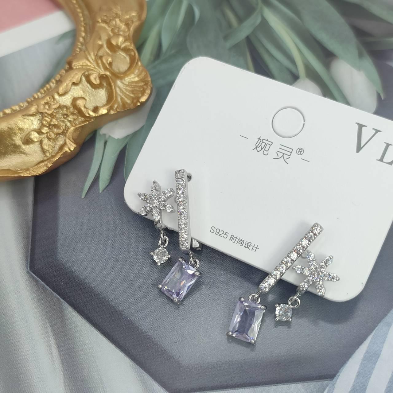 【超值耳環】氣質紫色方鋯閃亮小花耳環
