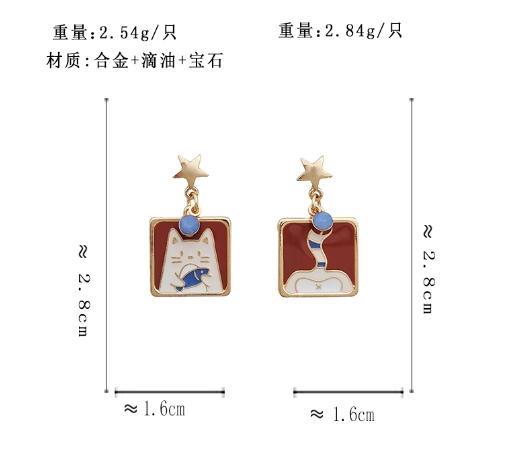 【超值耳環99】趣味設計款可愛貓咪吃魚不對稱銀針耳環