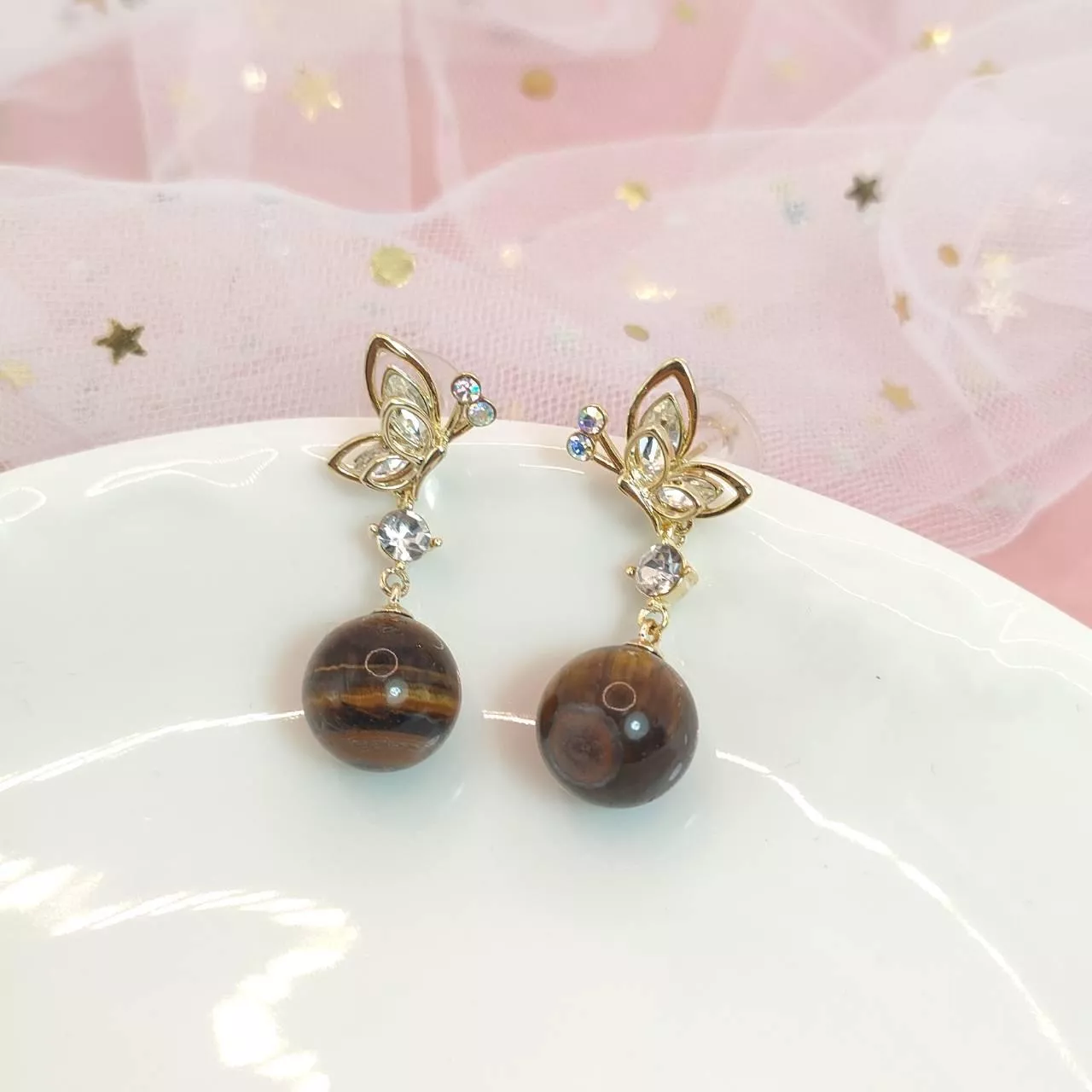 復古蝴蝶水晶垂墜耳環｜氣質優雅款