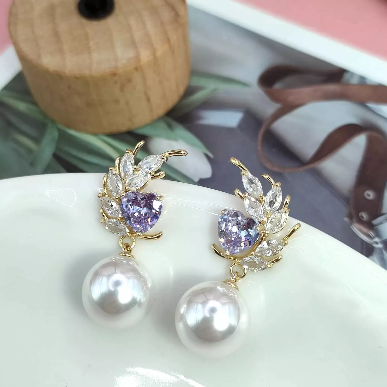 韓風紫心鋯石珍珠耳環｜氣質優雅・輕奢日常款