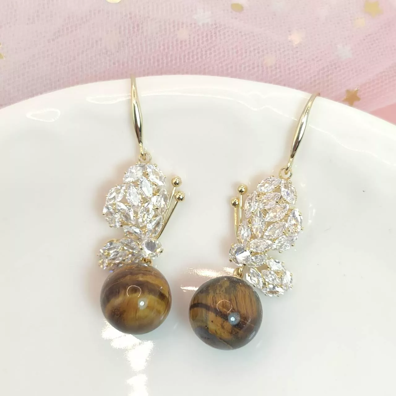 蝴蝶虎眼石垂墜耳環｜優雅氣質・韓系設計款