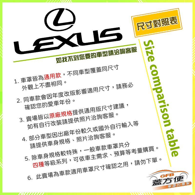 【蓋方便】凌志 LEXUS 尺寸對照表（台製南亞雙層現貨車罩/全館免運）