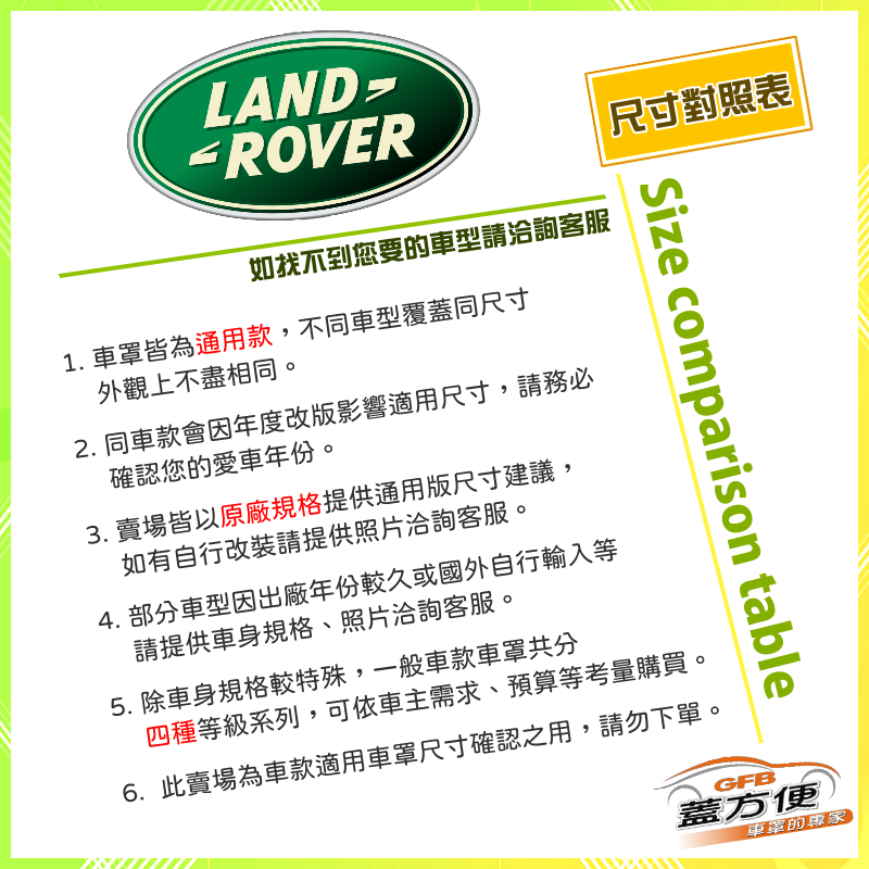 【蓋方便】路華 LAND ROVER 尺寸對照表（台製南亞雙層現貨車罩/全館免運）