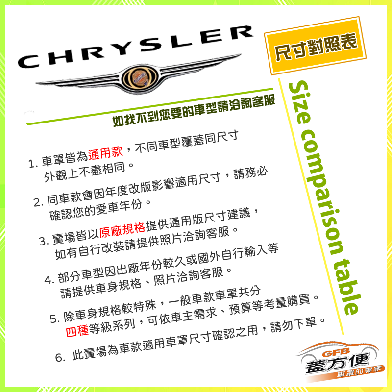 【蓋方便】克萊斯勒 CHRYSLER 尺寸對照表（台製南亞雙層現貨車罩/全館免運）