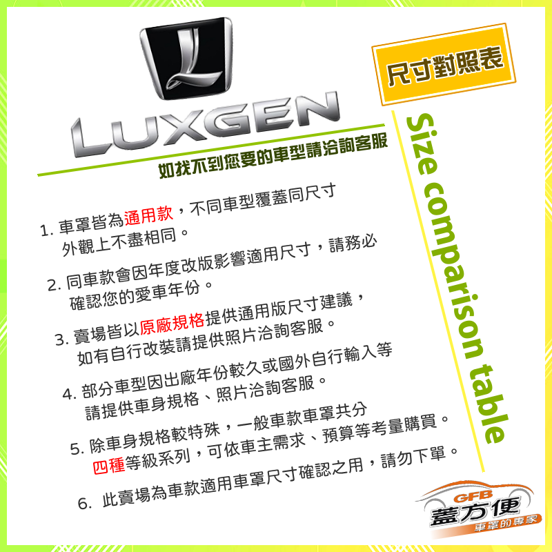 【蓋方便】納智捷 LUXGEN 尺寸對照表（台製南亞雙層現貨車罩/全館免運）