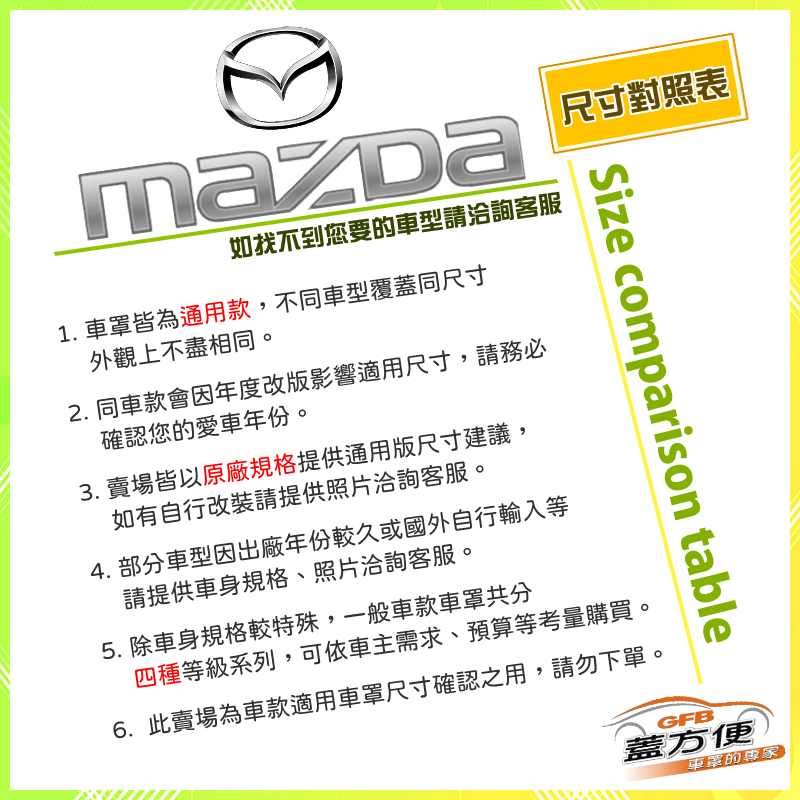 【蓋方便】馬自達 MAZDA 尺寸對照表（台製南亞雙層現貨車罩/全館免運）