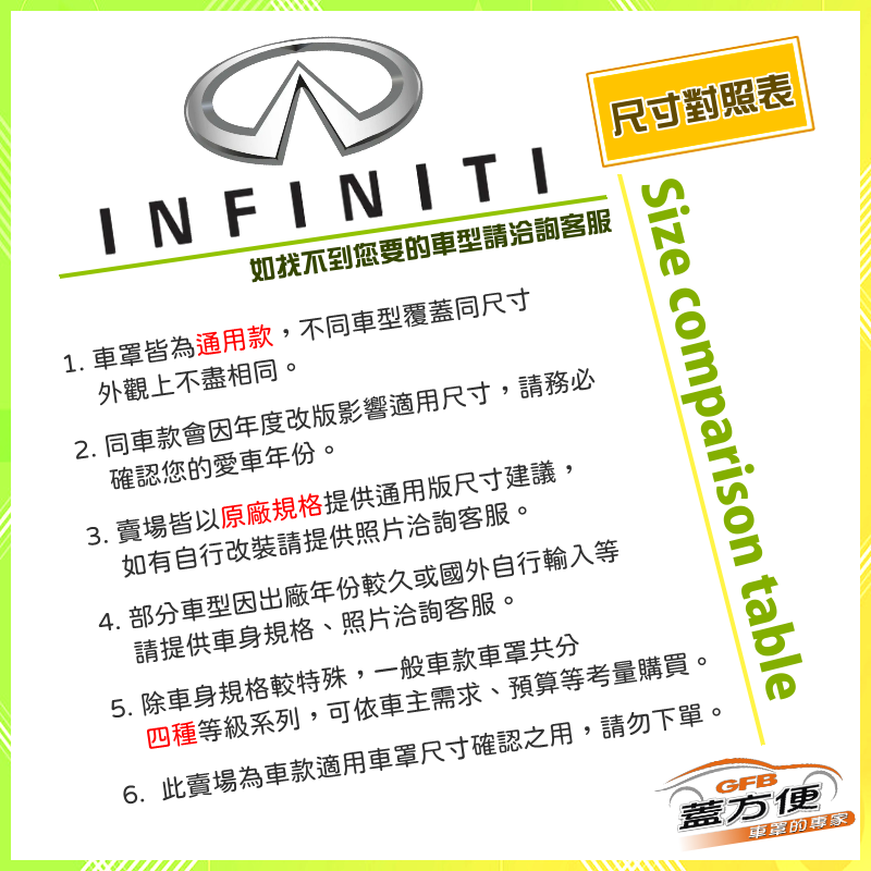 【蓋方便】Infiniti 尺寸對照表（台製南亞雙層現貨車罩/全館免運）