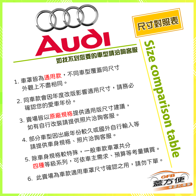 【蓋方便】奧迪 AUDI 尺寸對照表（台製南亞雙層現貨車罩/全館免運）