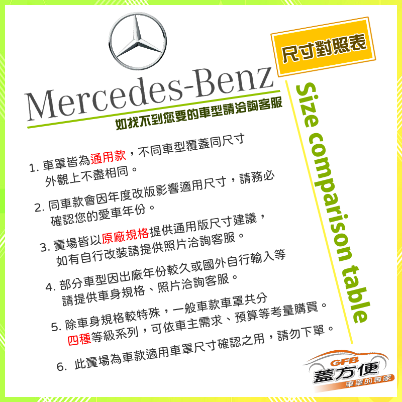 【蓋方便】賓士 BENZ 尺寸對照表（台製南亞雙層現貨車罩/全館免運）