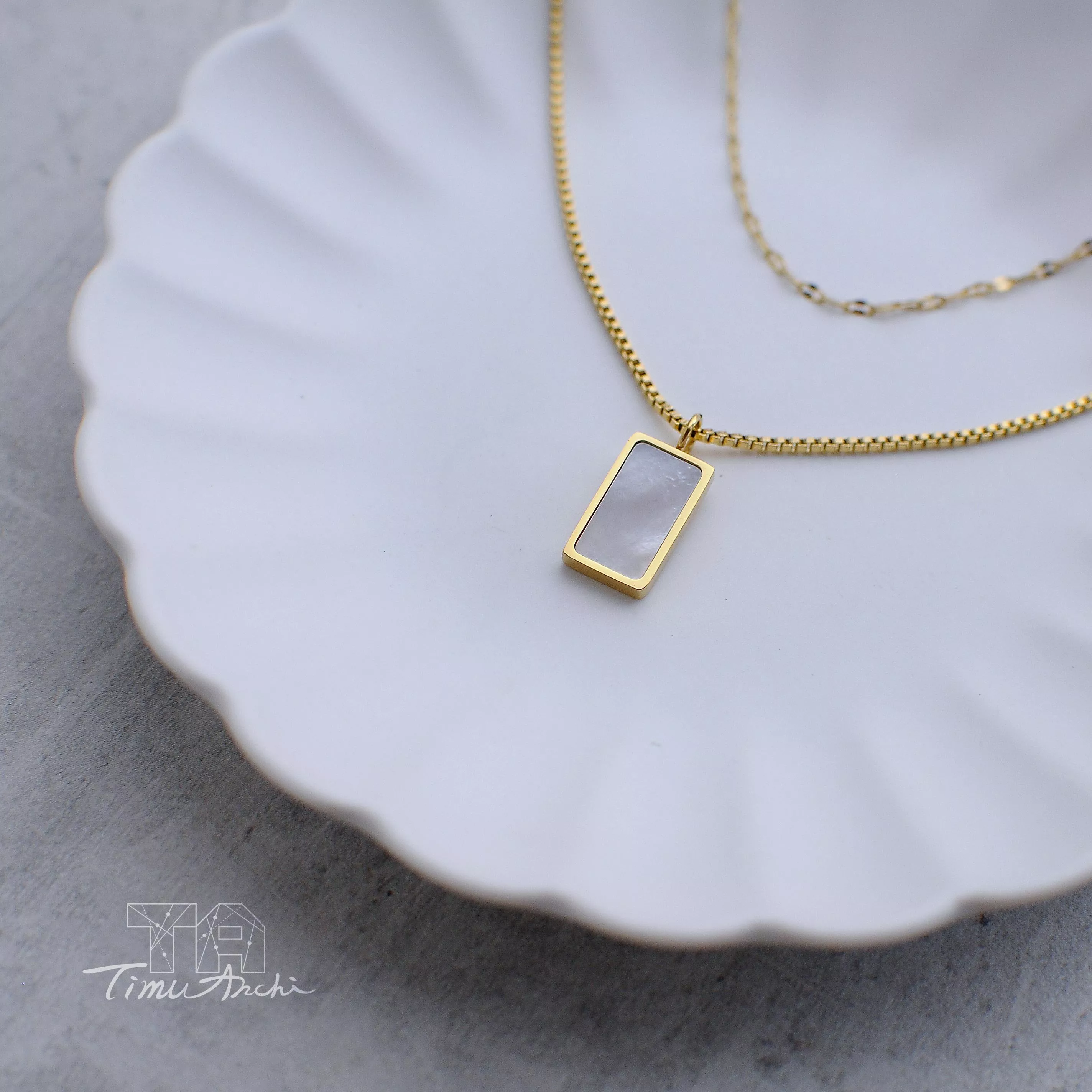 長方形貝母雙層不鏽鋼項鍊