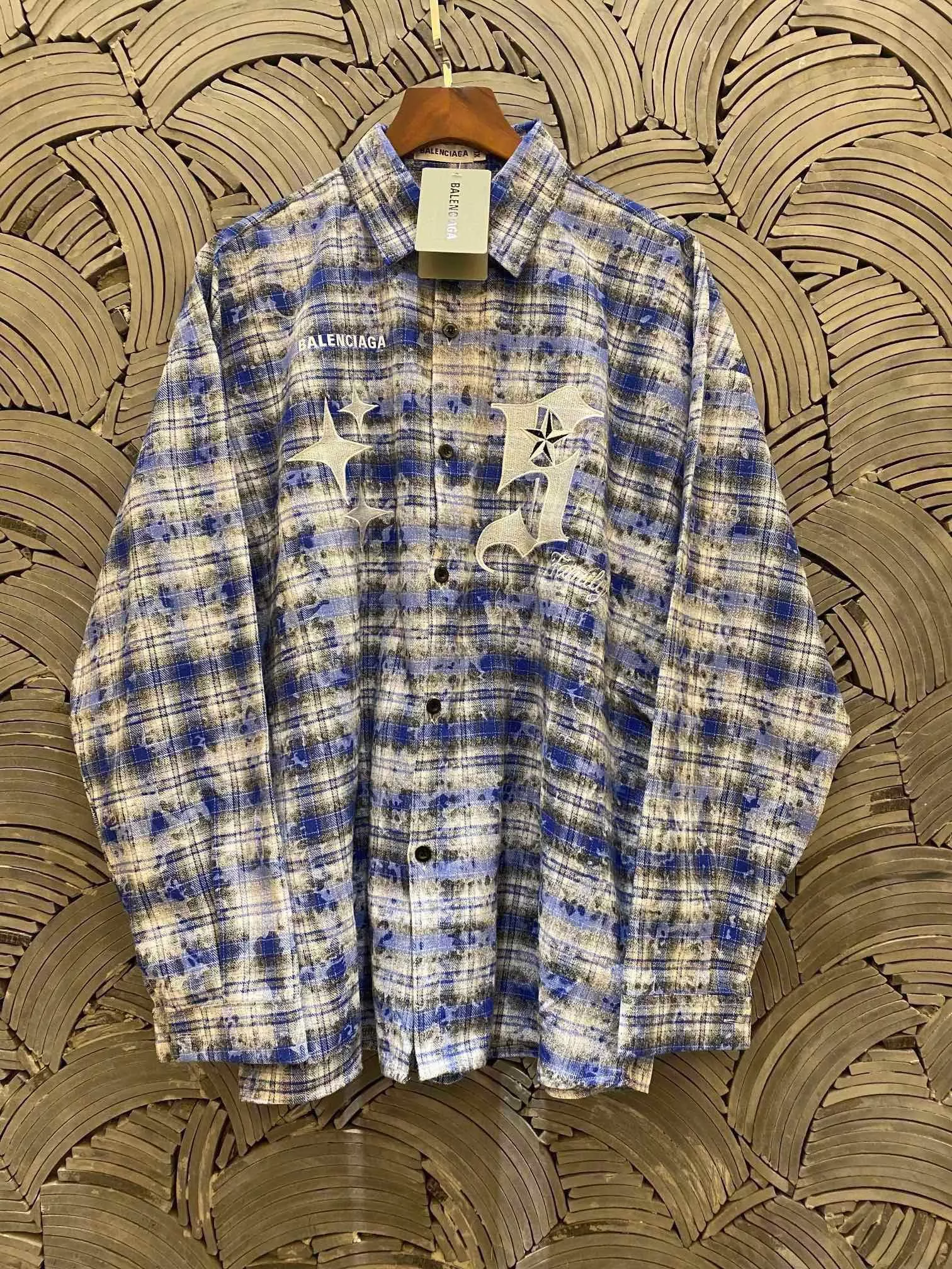 B家 格紋重磅潑墨紮染刺繡高街磨毛襯衫情侶款