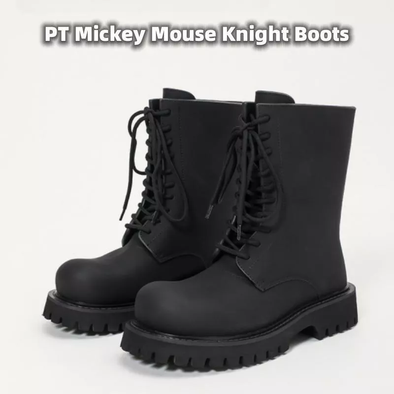 新品小眾爆款機車靴男國潮真皮厚底透氣綁帶中幫防滑米奇大頭靴子