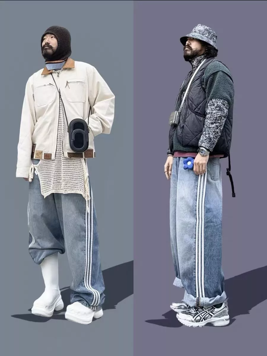 23SS新款自主BLCG聯名baggy三道槓水洗廓形藍色闊腿直筒牛仔褲男夏季