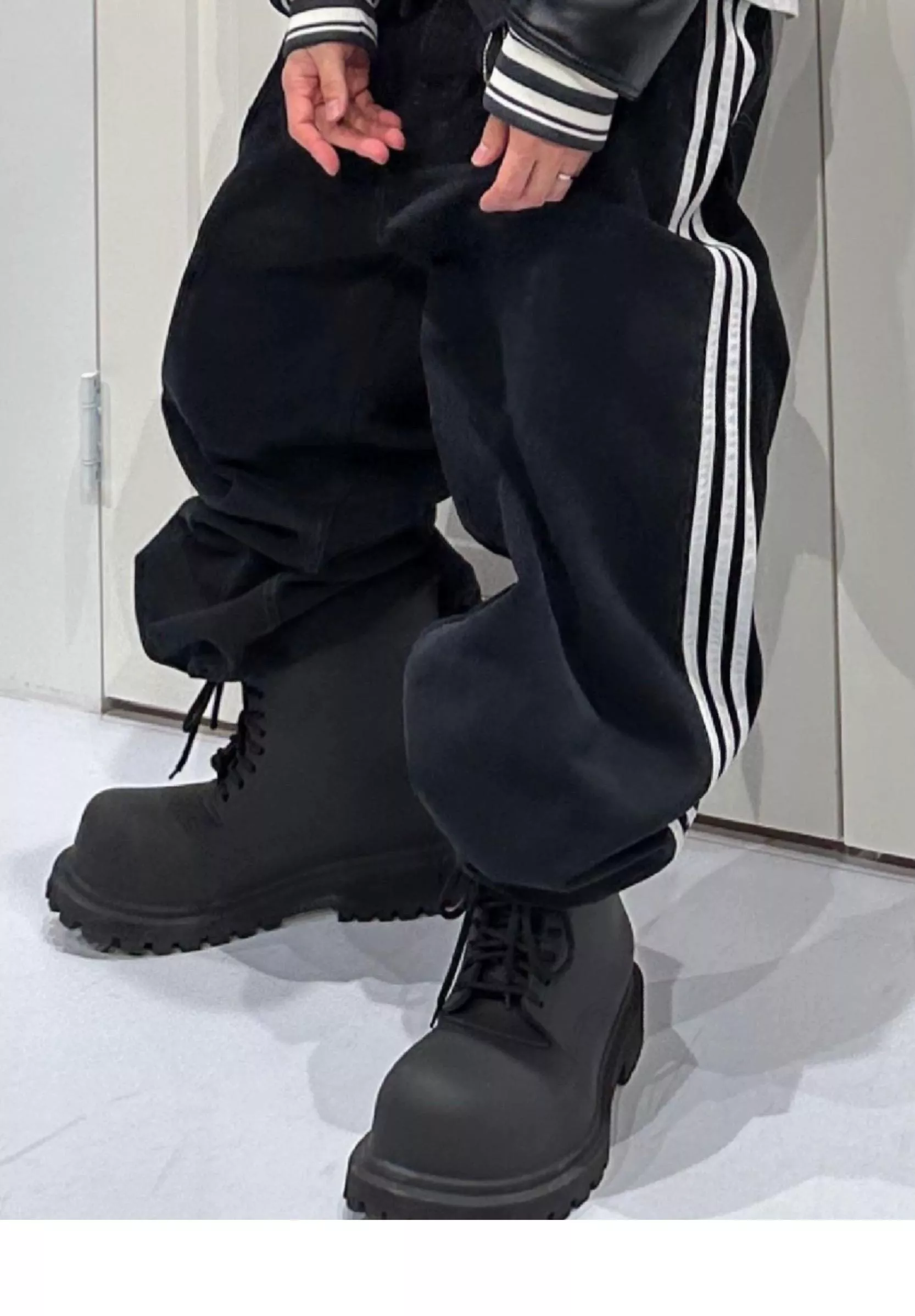 23SS新款自主BLCG聯名baggy三道槓水洗廓形藍色闊腿直筒牛仔褲男夏季