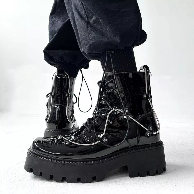 男生高級感厚底增高機能英倫風機車高幫鞋小眾方頭高街彈簧馬丁靴