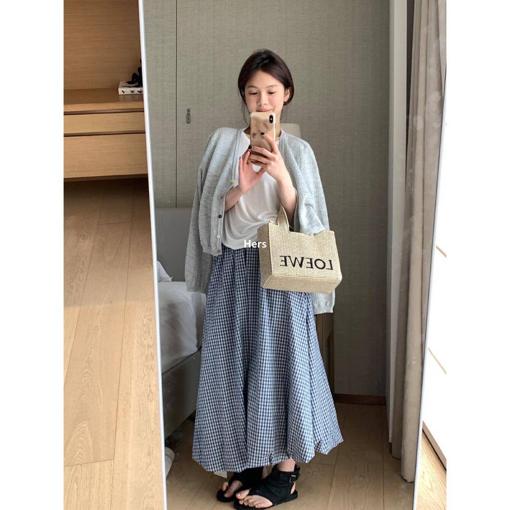豬豬貓【Hers】日常通勤吸睛格子花苞長款半身裙