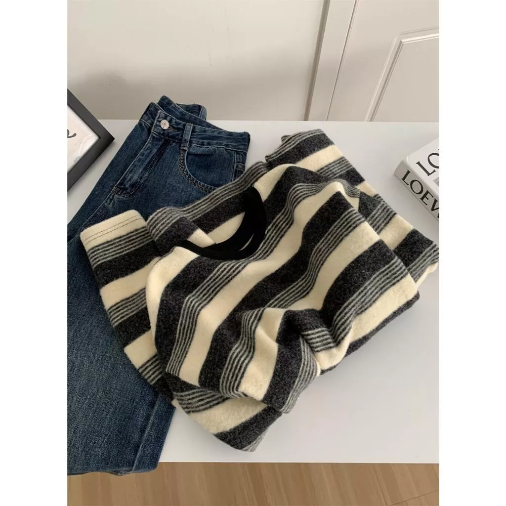 豬豬貓 慵懶仿兔絨條紋T恤加厚軟糯圓領長袖鬆弛感疊穿內搭長袖T恤