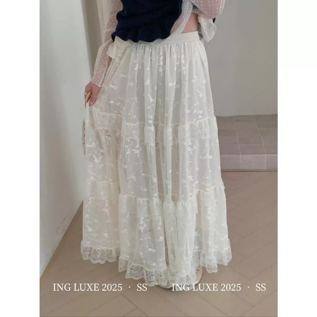 豬豬貓【ING】韓系甜美減齡顯瘦蕾絲中長款半身裙