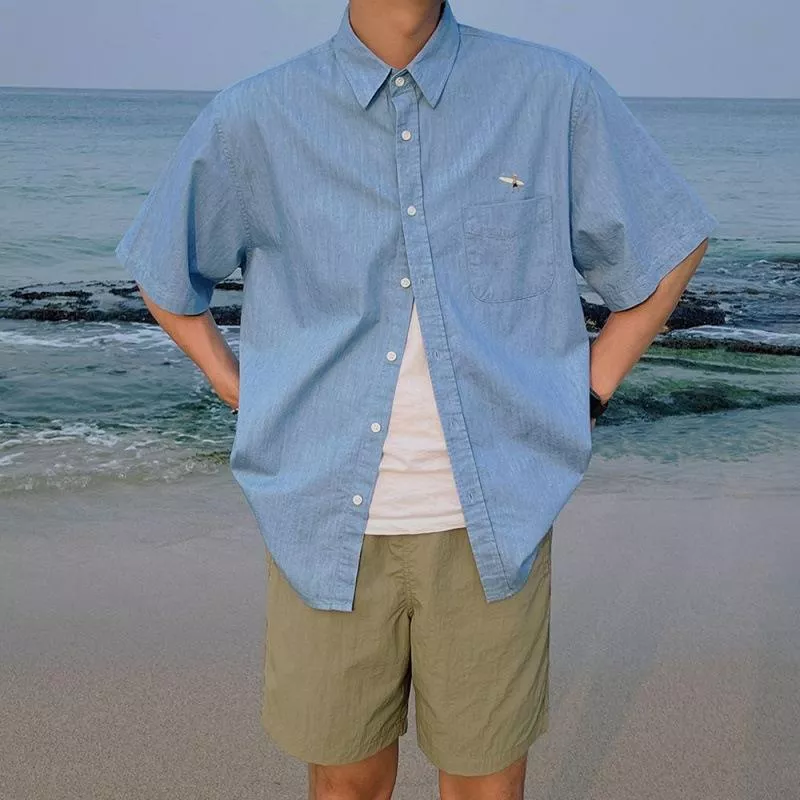 韓版復古水洗短袖襯衣