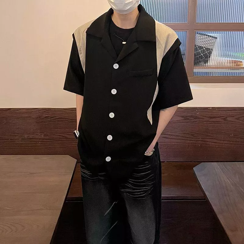 古巴領寬松拼接短袖襯衫