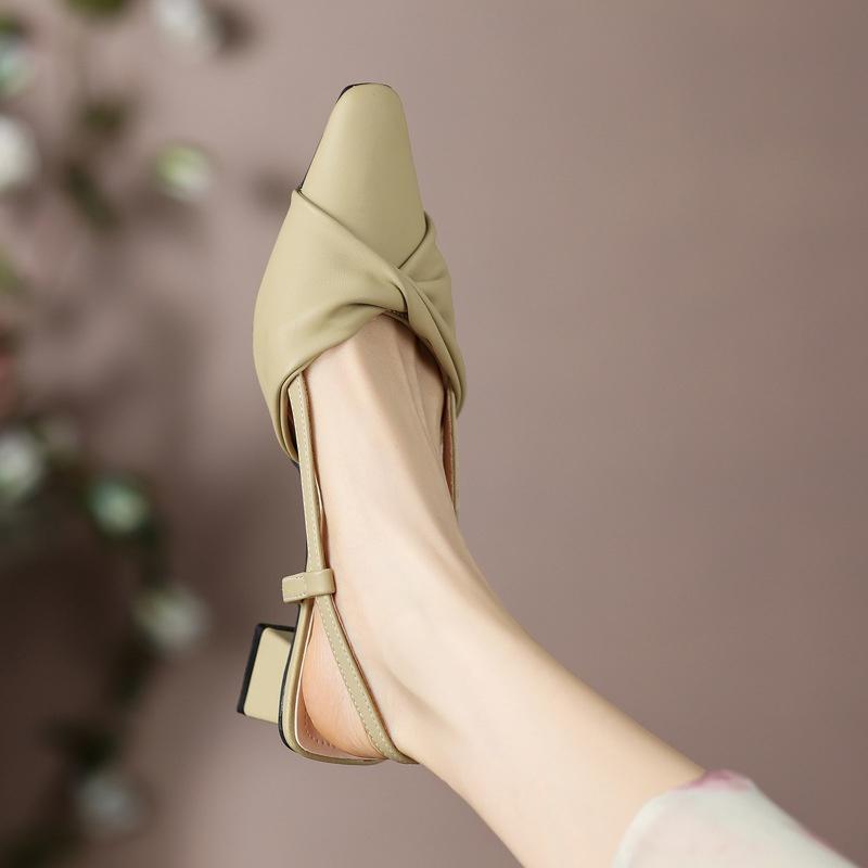 DANDT 韓版簡約優雅褶皺牛皮2023夏新款粗中跟小方頭全皮包頭后空涼鞋女(23 JUN BSH) 歐美女鞋