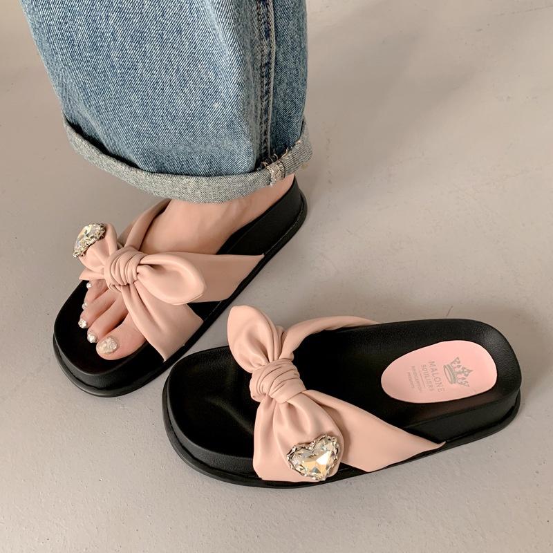DANDT 寬胖腳也能穿舒適羊皮厚底外穿拖鞋2023夏季水鑽蝴蝶結圓頭涼鞋女(23 JUN BSH) 歐美女鞋