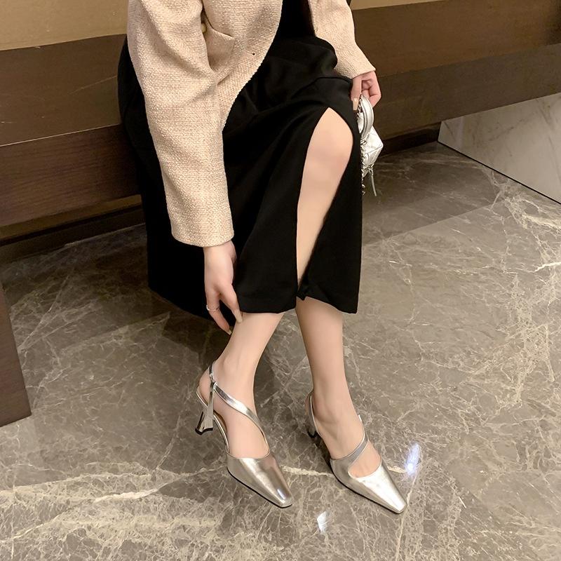 DANDT 法式優雅氣質羊皮顯腿長斜帶小方頭2023春夏粗高跟包頭后空涼鞋女(23 JUN BSH) 歐美女鞋