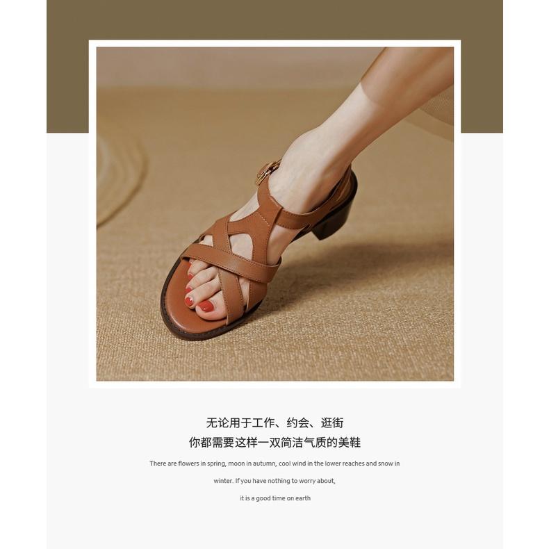 DANDT 柔軟羊皮舒適寬松圓頭全皮2022夏季簡約百搭粗中跟杏色羅馬涼鞋女(23 JUN BSH) 歐美女鞋