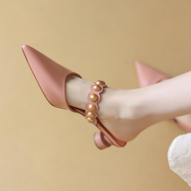 DANDT 4色全皮包頭半拖鞋外穿2022春夏圓珠異形中跟尖頭牛皮后空涼鞋女(23 JUN BSH) 歐美女鞋