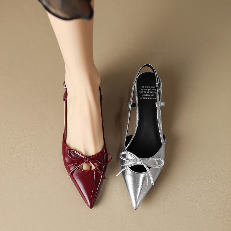 DANDT 優雅貓跟全皮2023夏季細中跟牛皮尖頭蝴蝶結包頭后空涼鞋女42大碼(23 JUN BSH) 歐美女鞋