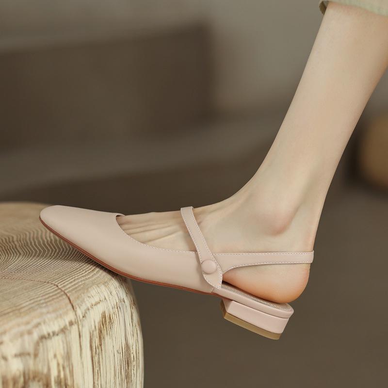 DANDT 全皮簡約基礎百搭后空瑪麗珍2022夏季新款低跟圓頭牛皮包頭涼鞋女(23 JUN BSH) 歐美女鞋