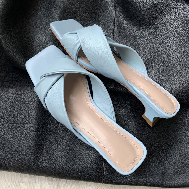 DANDT 全羊皮簡約冷淡風優雅貓跟外穿拖鞋2022夏季粗中跟柔軟露趾涼鞋女(23 JUN BSH) 歐美女鞋