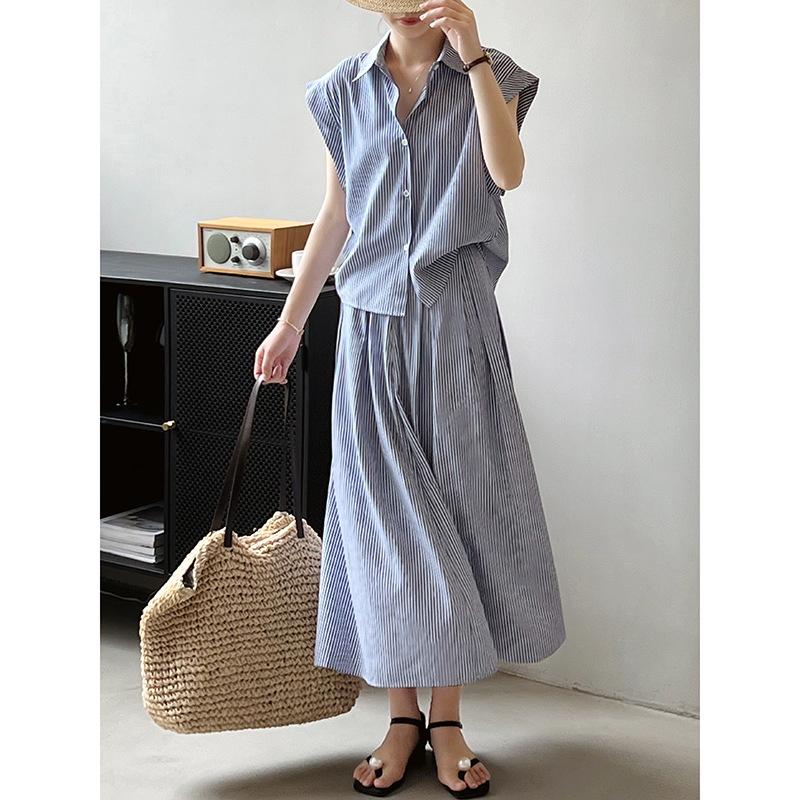 DANDT細條紋套裝裙女2023夏季新款翻領短袖襯衫半身裙兩件套6115(23 JUN Ian) 歐美服飾