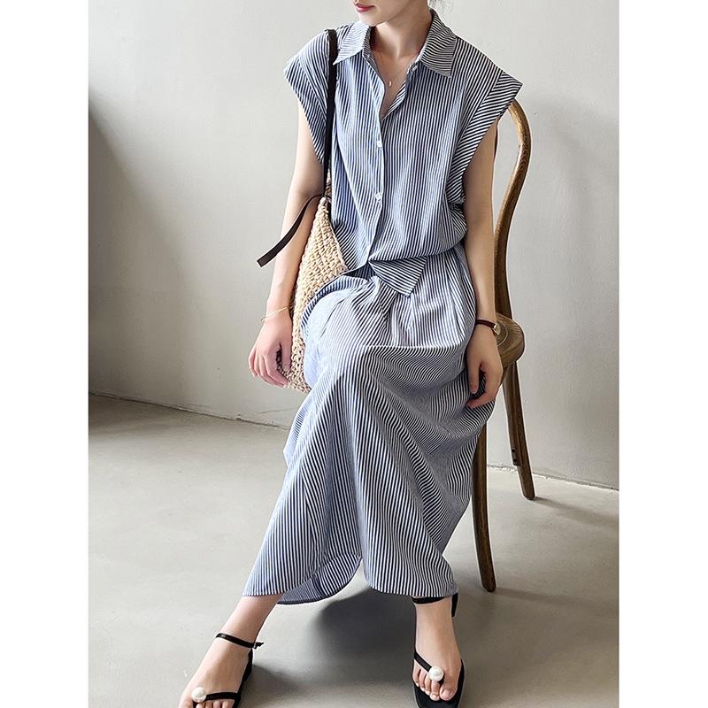 DANDT細條紋套裝裙女2023夏季新款翻領短袖襯衫半身裙兩件套6115(23 JUN Ian) 歐美服飾