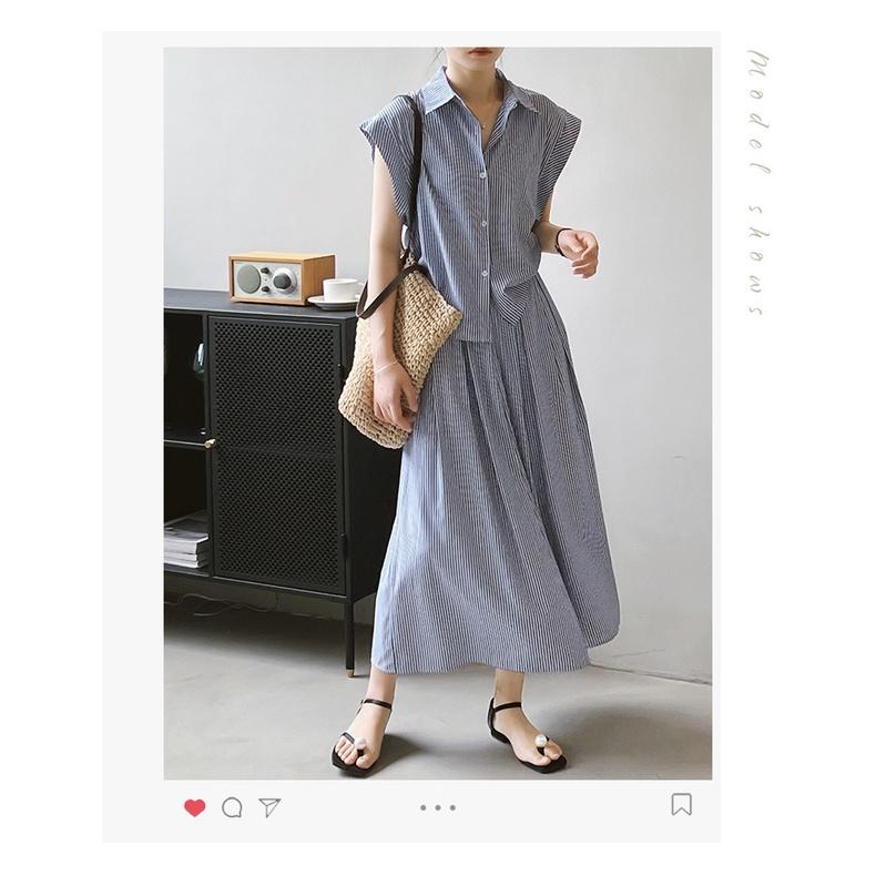 DANDT細條紋套裝裙女2023夏季新款翻領短袖襯衫半身裙兩件套6115(23 JUN Ian) 歐美服飾