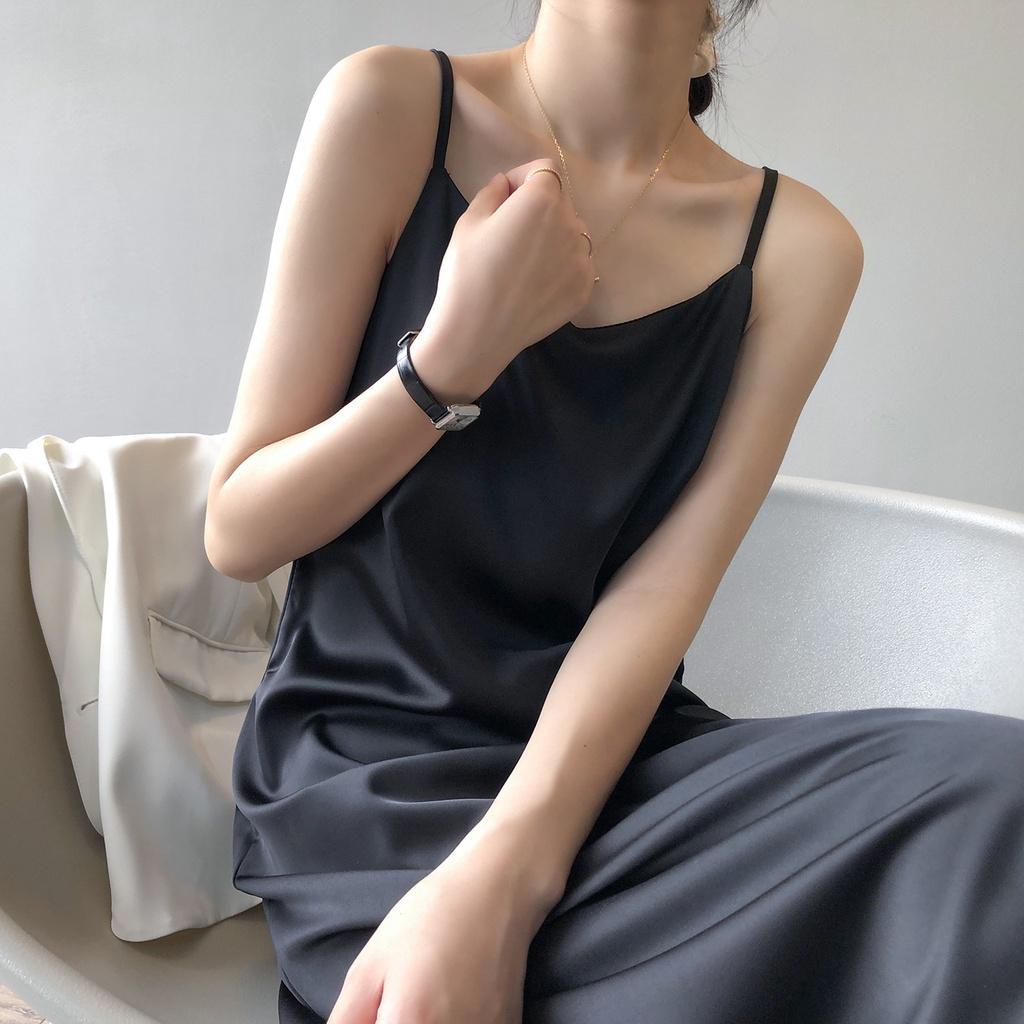 DANDT 法式復古吊帶連衣裙女2023春季緞面細肩帶中長款裙子80126(23 JUN Ian) 歐美服飾