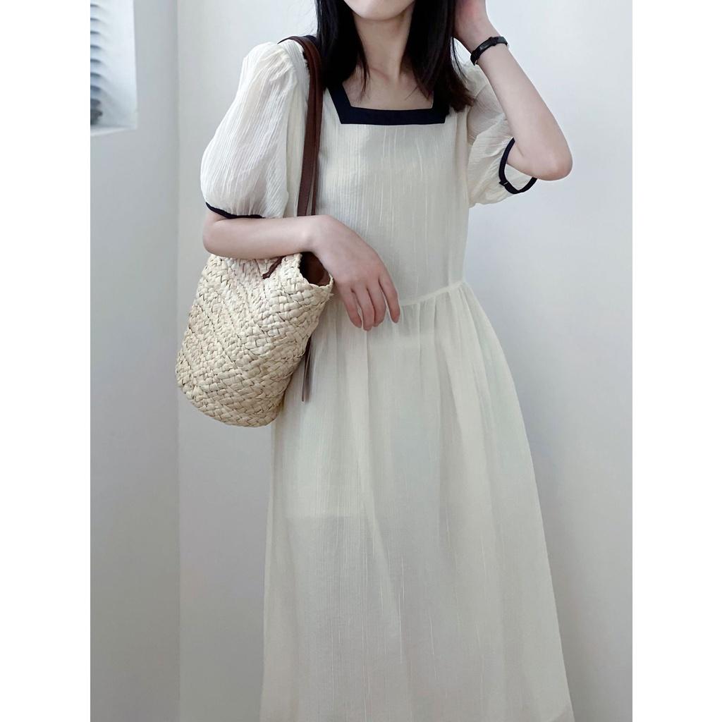 DANDT 天絲連衣裙女2023夏季新款拼色方領收腰系帶中長款裙子80523(23 JUN Ian) 歐美服飾