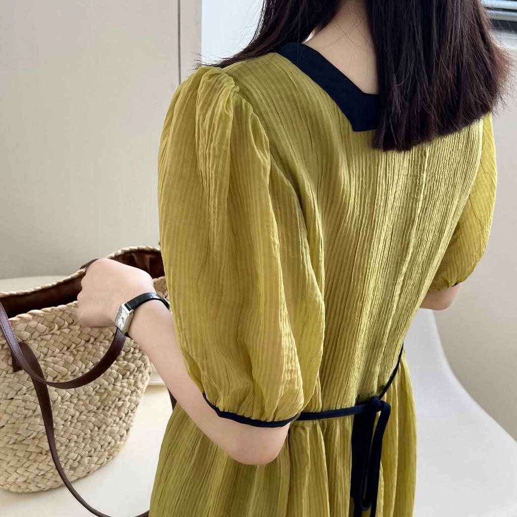 DANDT 天絲連衣裙女2023夏季新款拼色方領收腰系帶中長款裙子80523(23 JUN Ian) 歐美服飾