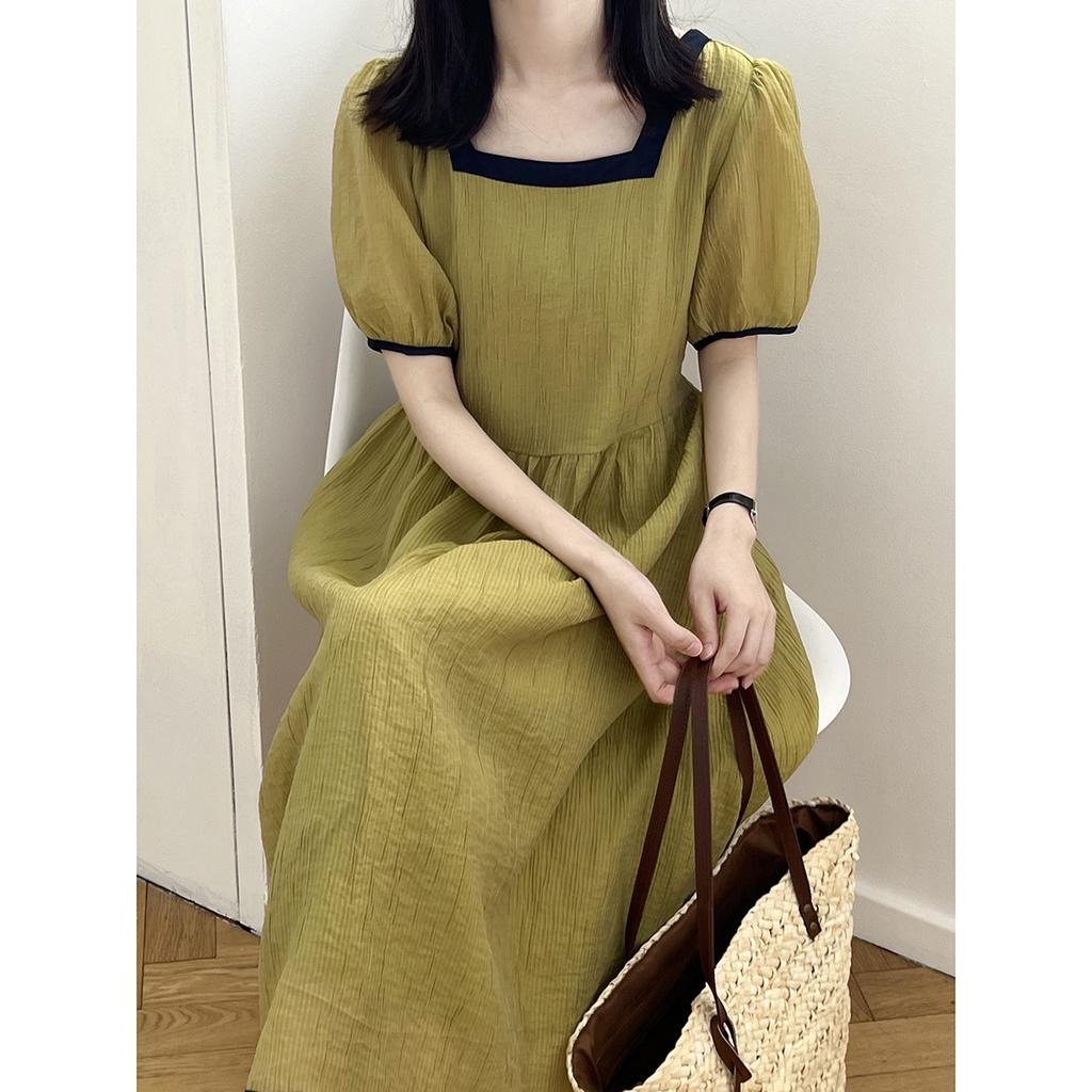 DANDT 天絲連衣裙女2023夏季新款拼色方領收腰系帶中長款裙子80523(23 JUN Ian) 歐美服飾