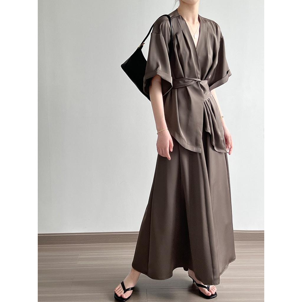 DANDT  V領系帶襯衫套裝女2023夏季新款氣質上衣半身裙兩件套80777(23 JUN Ian) 歐美服飾
