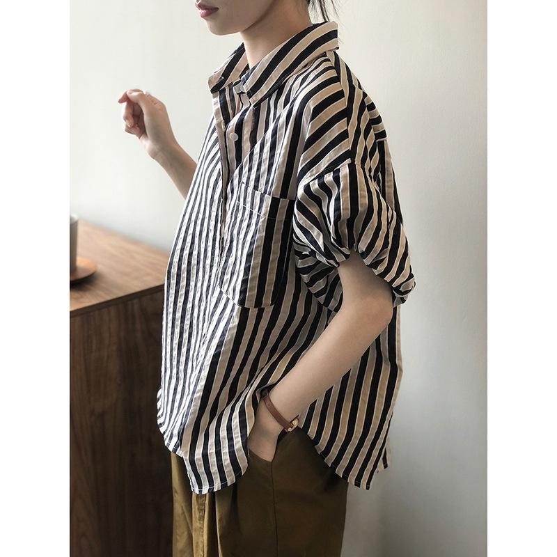 DANDT  法式條紋襯衣女2023夏季新款短袖襯衫寬鬆小眾復古上衣9069(23 JUN Ian) 歐美服飾