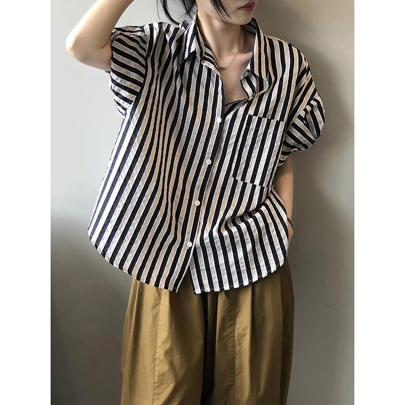 DANDT  法式條紋襯衣女2023夏季新款短袖襯衫寬鬆小眾復古上衣9069(23 JUN Ian) 歐美服飾