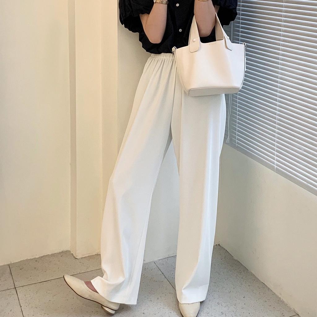 DANDT 冰絲闊腿休閒褲女2023夏季新款韓版薄款寬鬆直筒拖地褲80179(23 JUN Ian) 歐美服飾