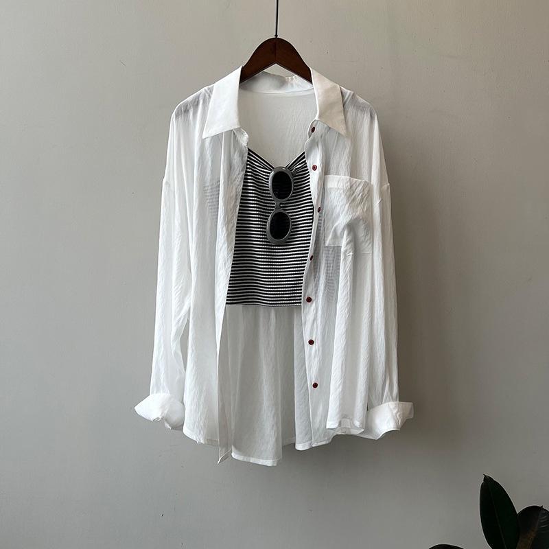 DANDT防曬襯衫條紋吊帶背心兩件套女2023夏季新款休閒套裝80797(23 JUN Ian) 歐美服飾