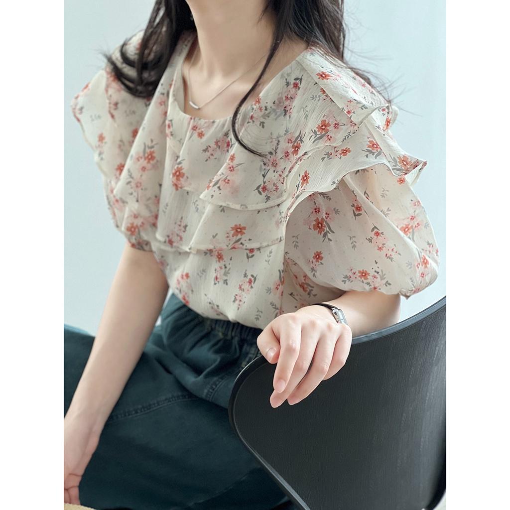 DANDT荷叶領碎花娃娃衫女2023夏季新款寬鬆百搭圓領套頭襯衫80781(23 JUN Ian) 歐美服飾
