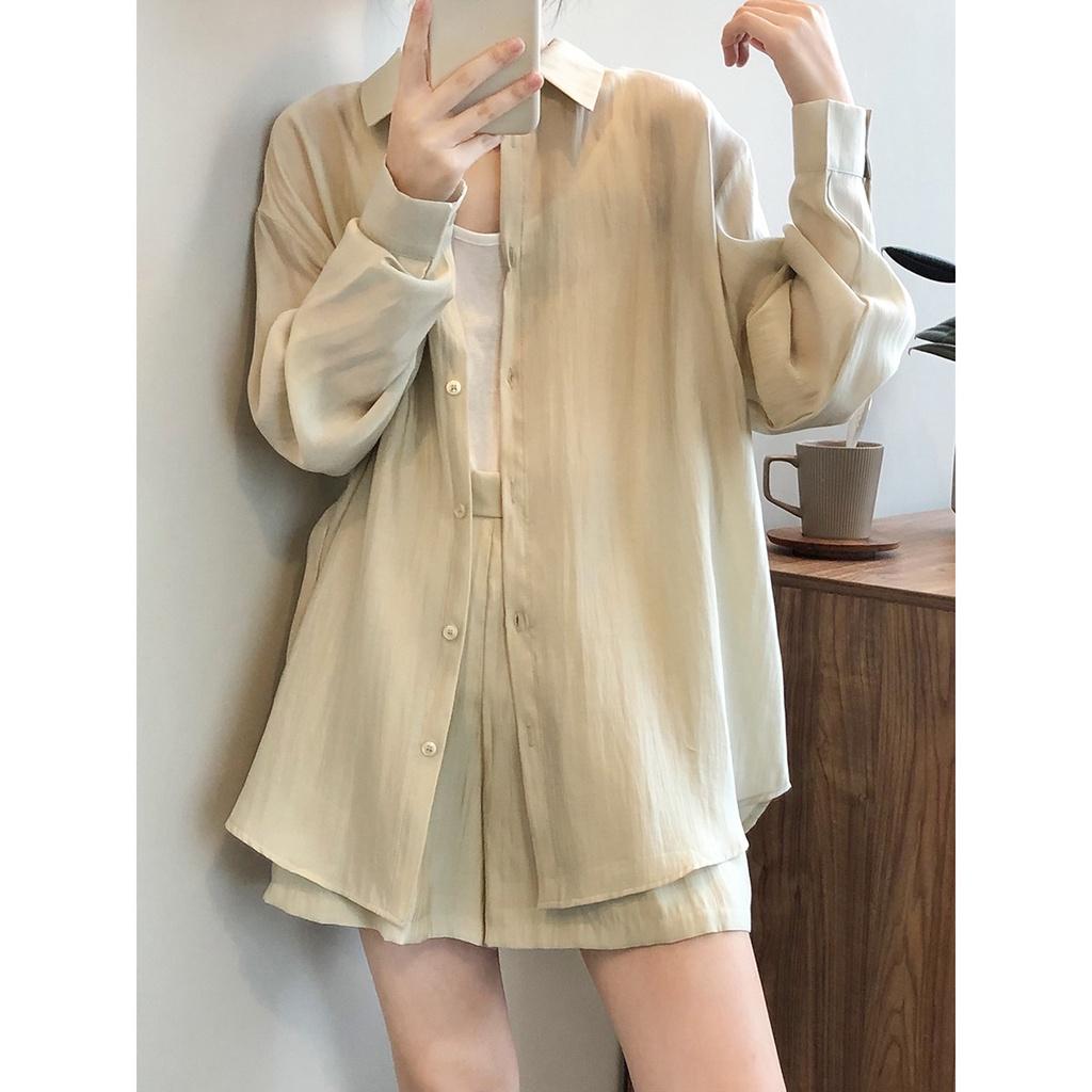 DANDT 垂感透氣防曬衫套裝女2023夏季寬鬆薄款襯衫闊腿短褲女80573(23 JUN Ian) 歐美服飾