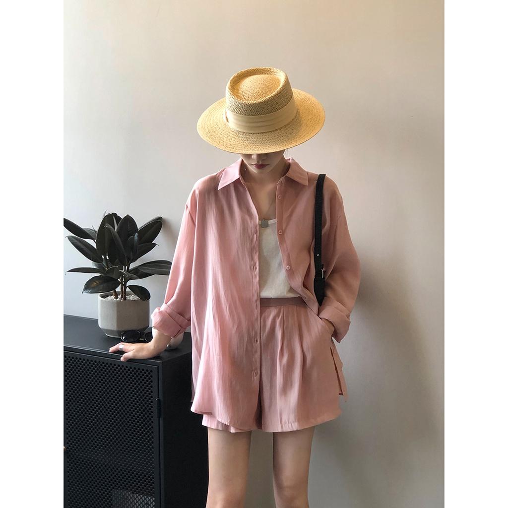 DANDT 垂感透氣防曬衫套裝女2023夏季寬鬆薄款襯衫闊腿短褲女80573(23 JUN Ian) 歐美服飾
