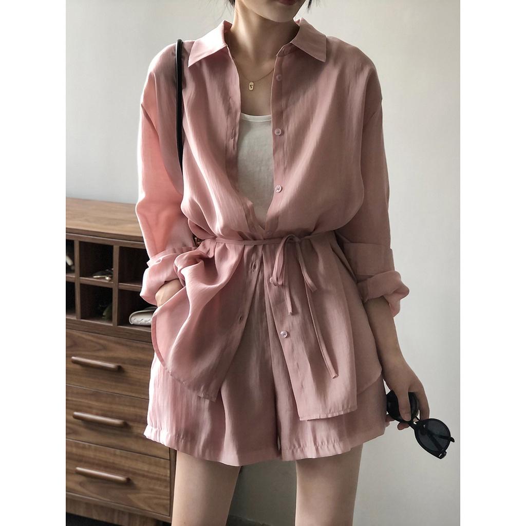 DANDT 垂感透氣防曬衫套裝女2023夏季寬鬆薄款襯衫闊腿短褲女80573(23 JUN Ian) 歐美服飾